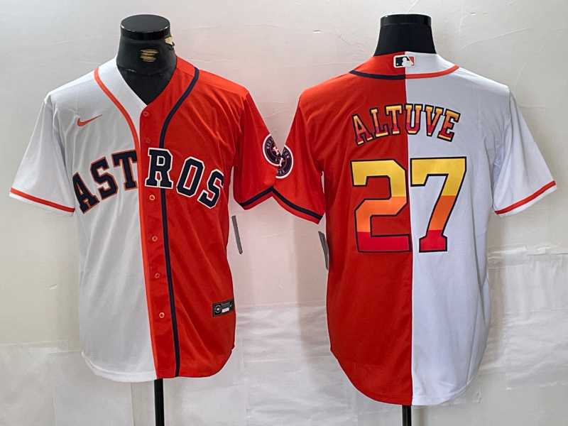 Mens Houston Astros #27 Jose Altuve White Orange Split Stitched Baseball Jersey Dzhi->houston astros->MLB Jersey